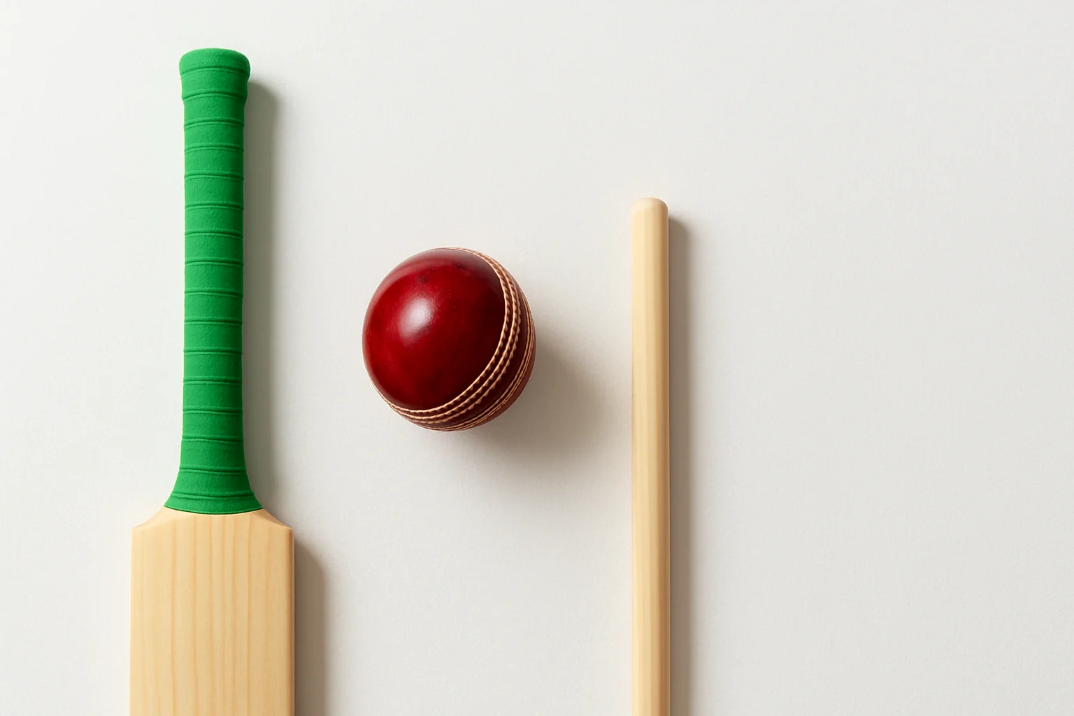 Overhead flat lay of cricket ball, bat handle, and stump