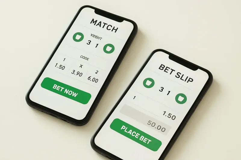 Two smartphones showing match dashboard and bet slip on cream surface