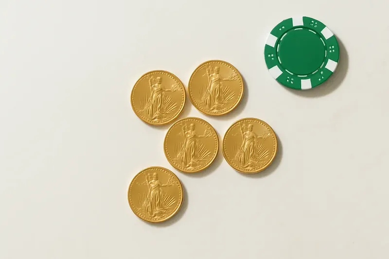 Five gold coins on cream marble with poker chip edge