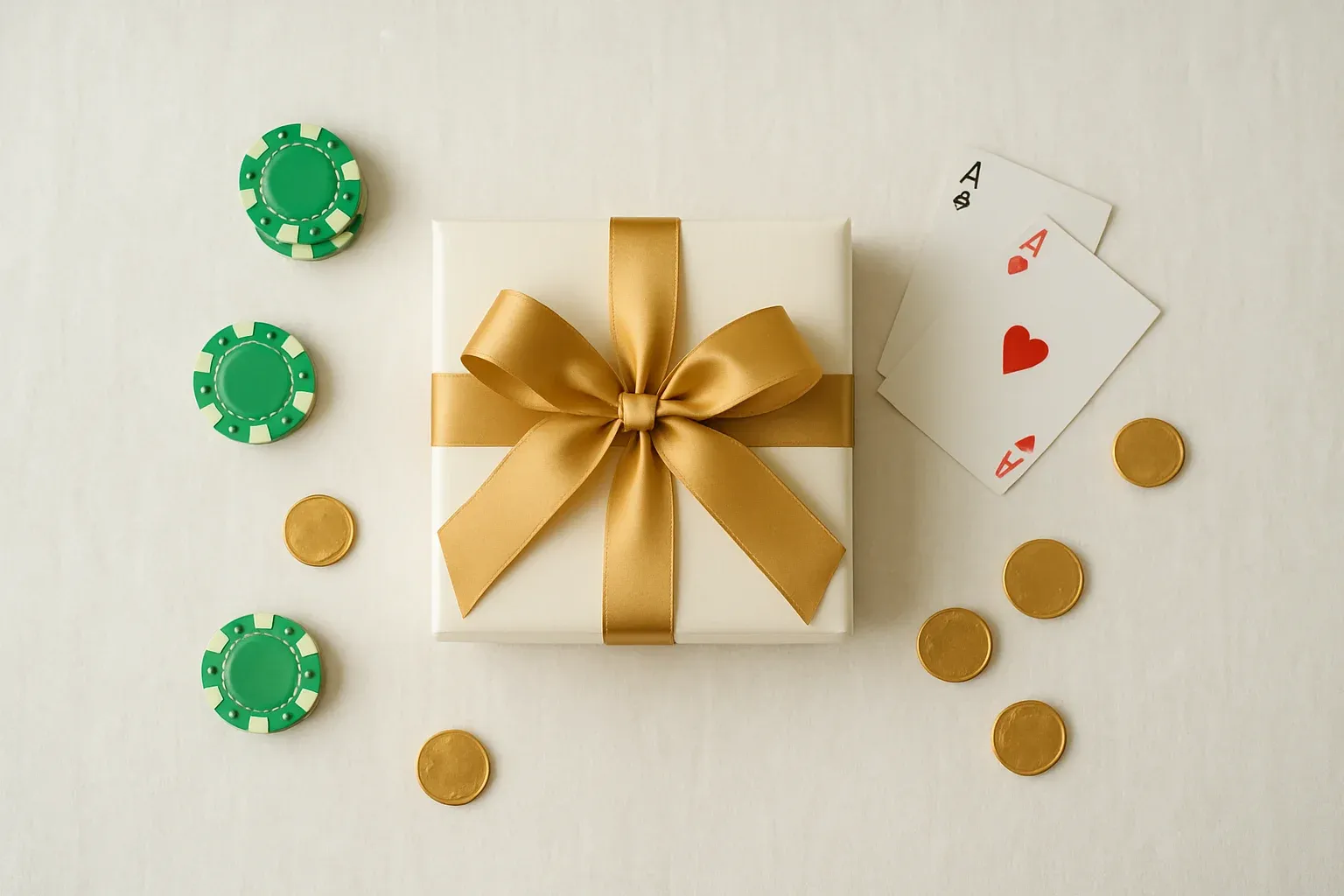 Premium gift box with casino chips, cards, and gold coins
