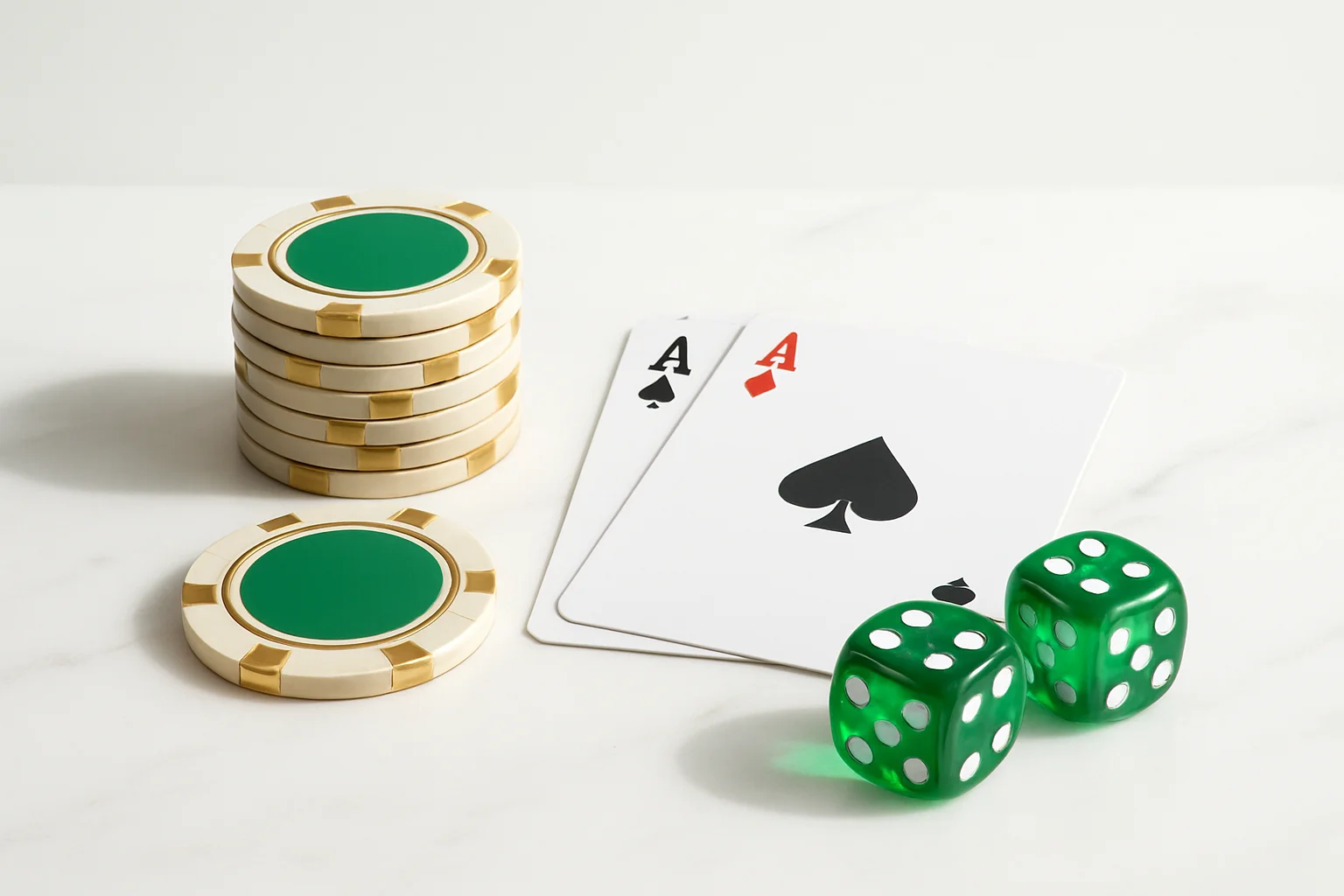 Elegant casino chips, cards and dice on white marble surface