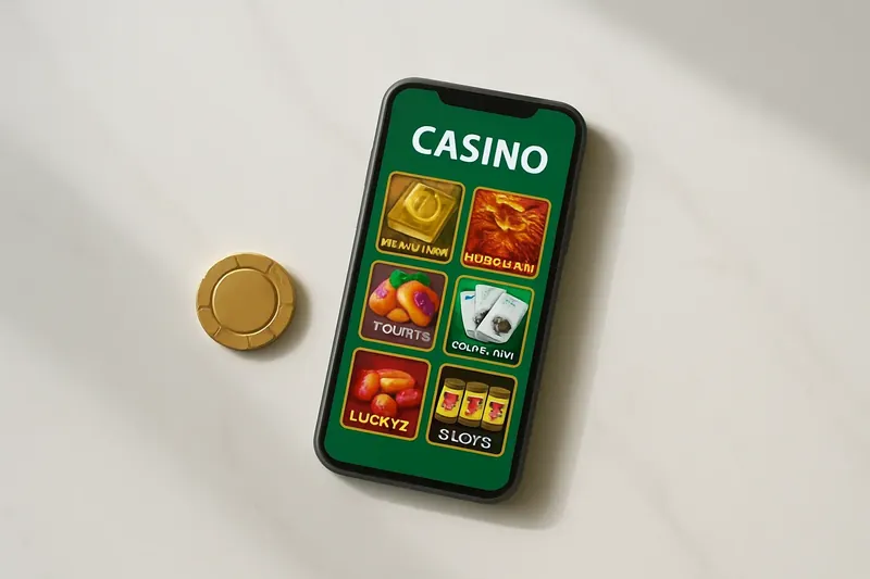 Smartphone on white marble showing colorful casino game lobby