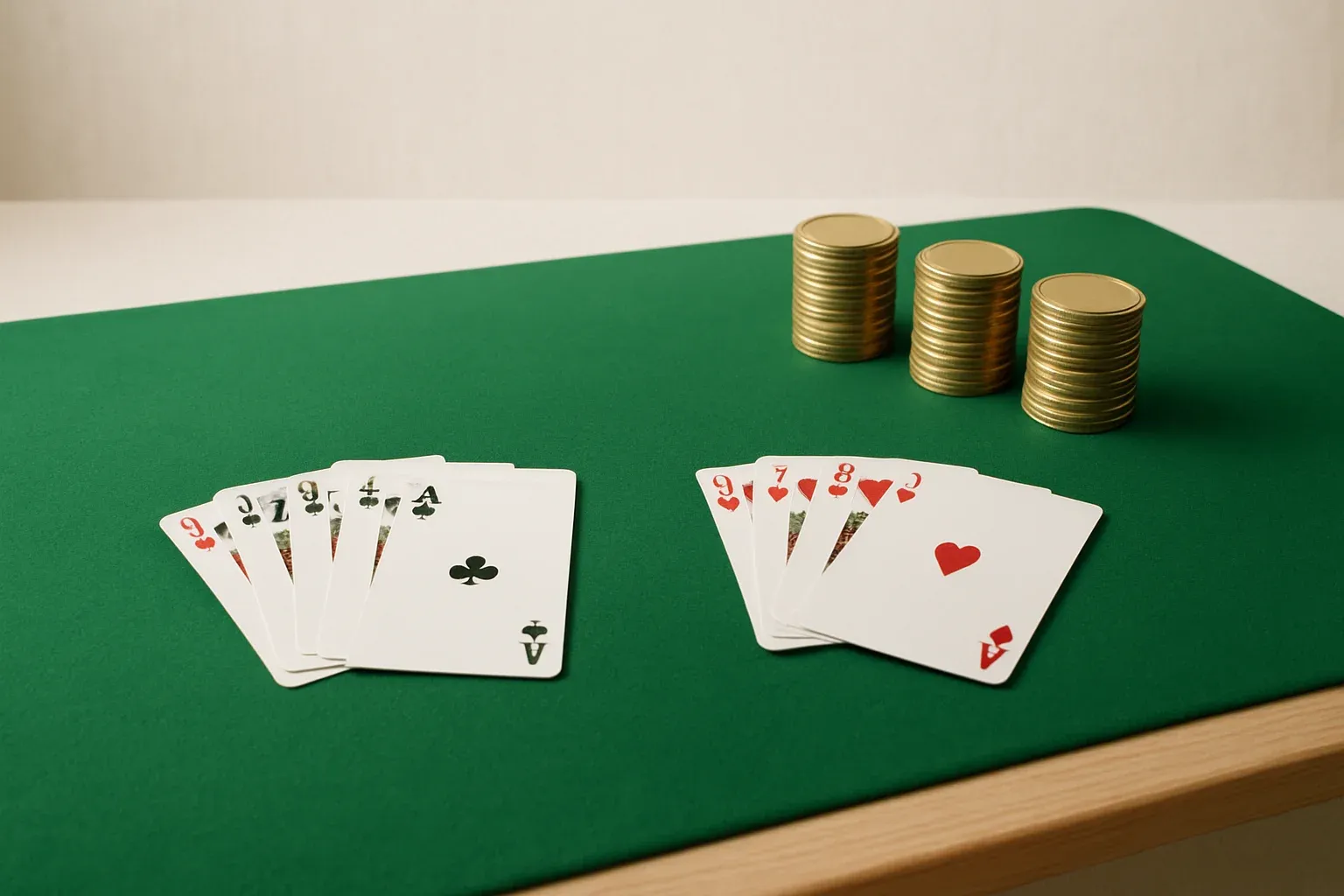 Editorial Casino Table Green felt casino table with arranged cards and stacked gold chips