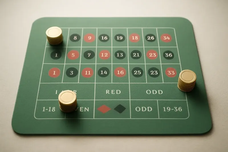 Top-down roulette table layout with green felt and gold chip stacks