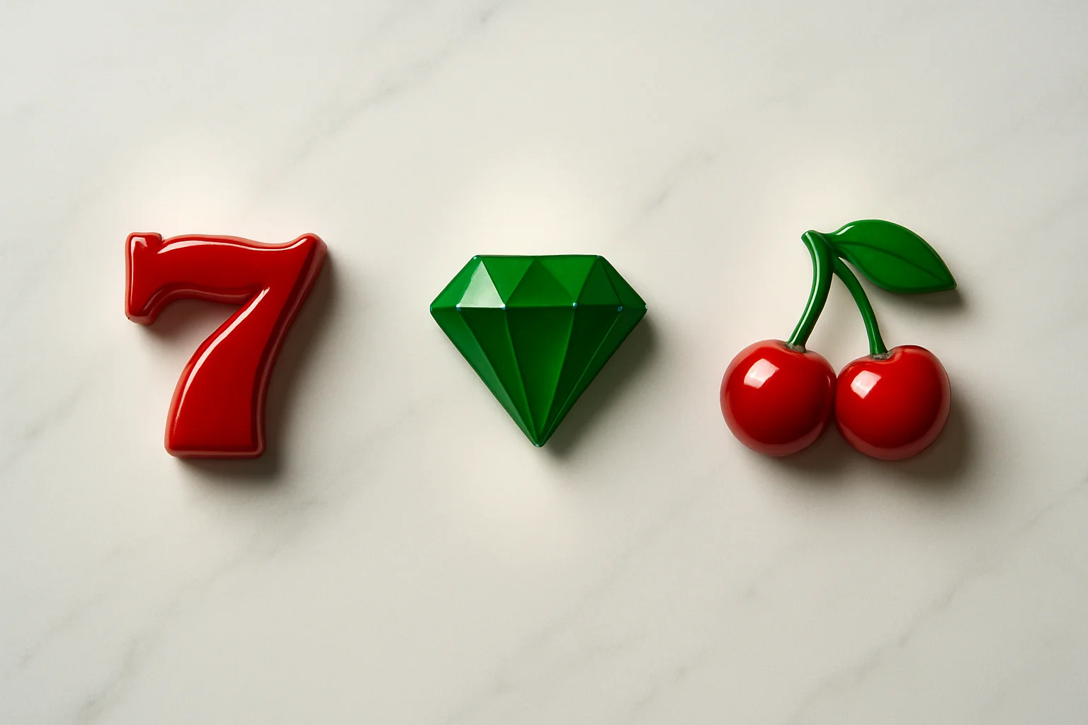 Three polished 3D slot symbols on white marble surface